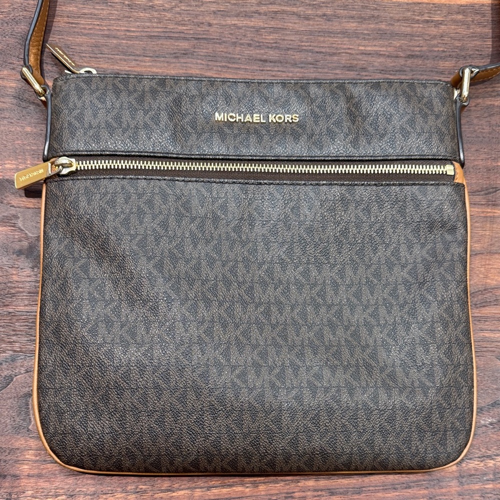 Michael Kors Brown and Tan Monogram Messenger Bag with Gold Hardware